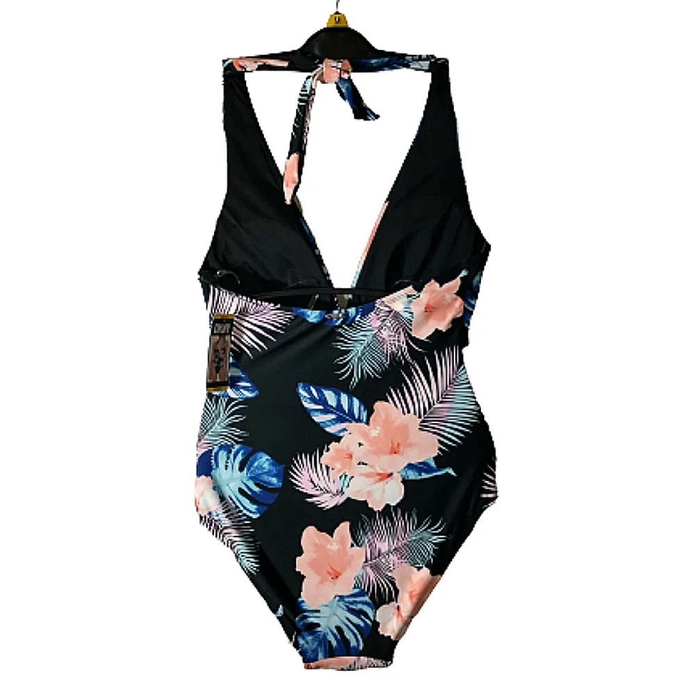 NWT DKNY Black Floral Halter Tie Swimsuit Medium - Picture 2 of 9